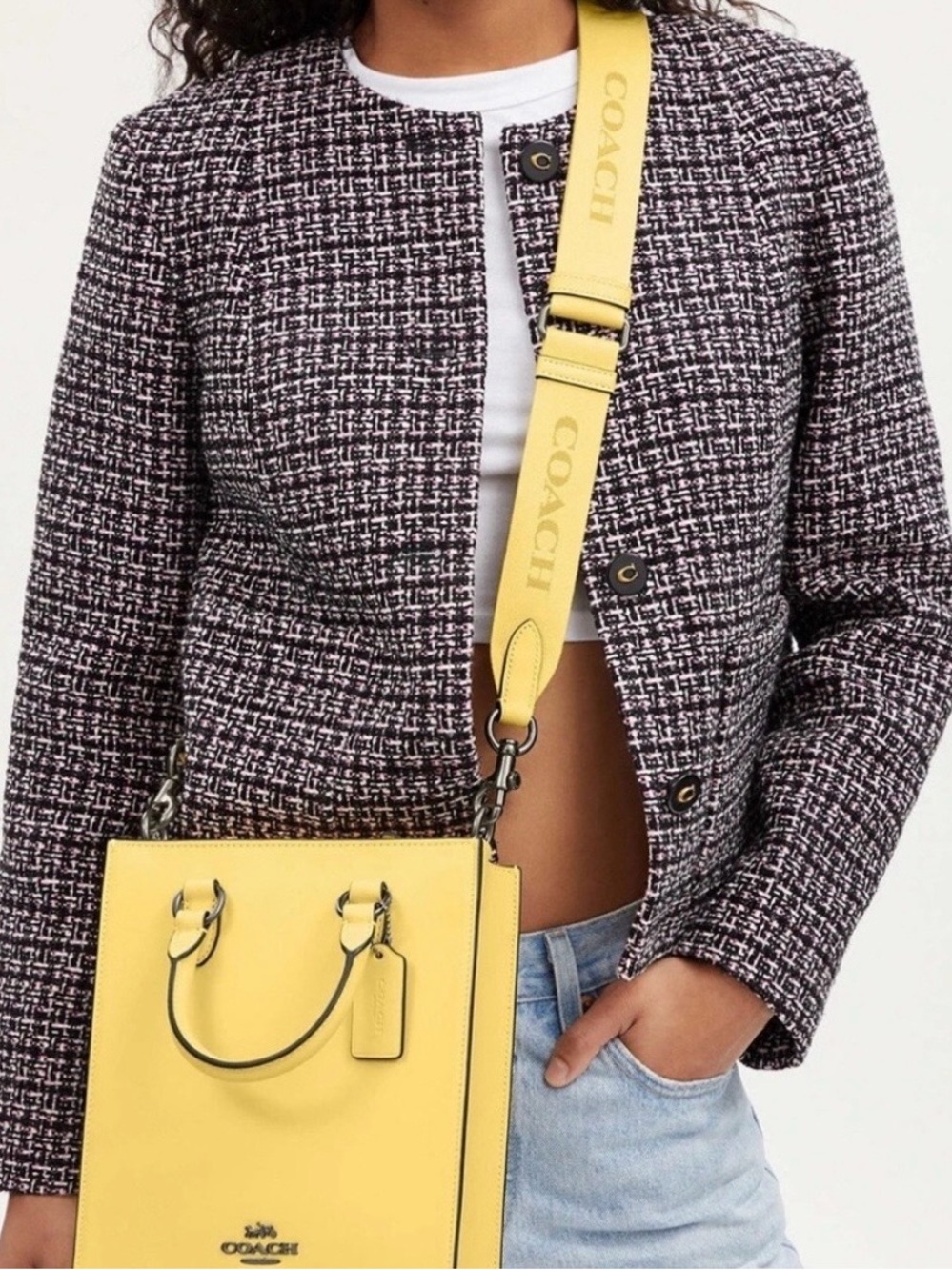 Coach Yellow Leather Top-Handle Tote with Logo Strap